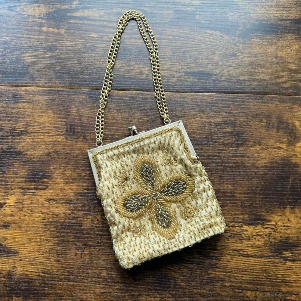 Vintage Gold Beaded Evening Bag Chain Strap Elegant Floral Unique